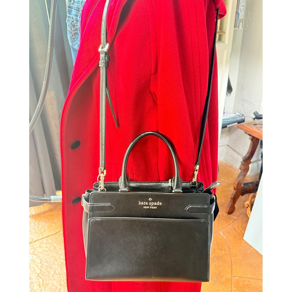Kate Spade Staci Medium Satchel Black Saffiano Leather Crossbody Bag Like New